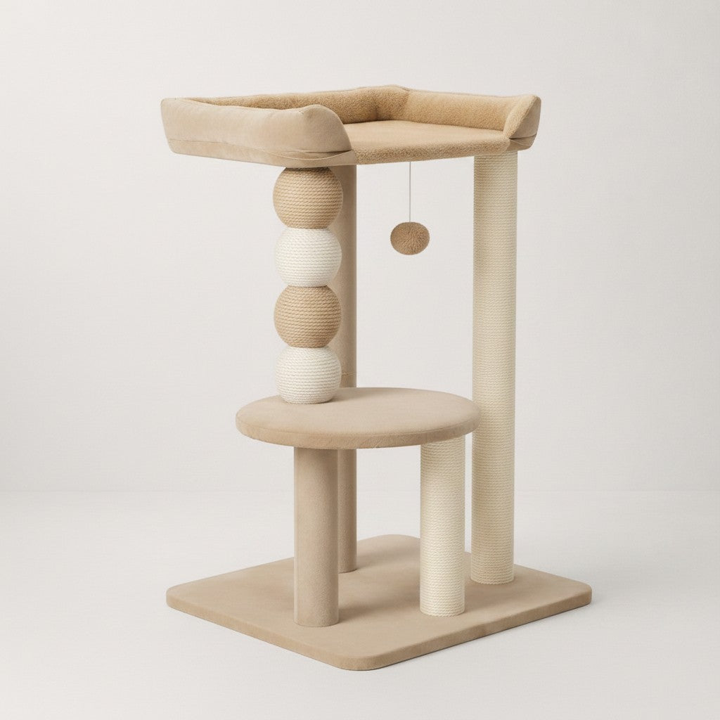Petit arbre à chat Bofélin beige caramel avec plateformes, poteaux en sisal et boules décoratives pour chat