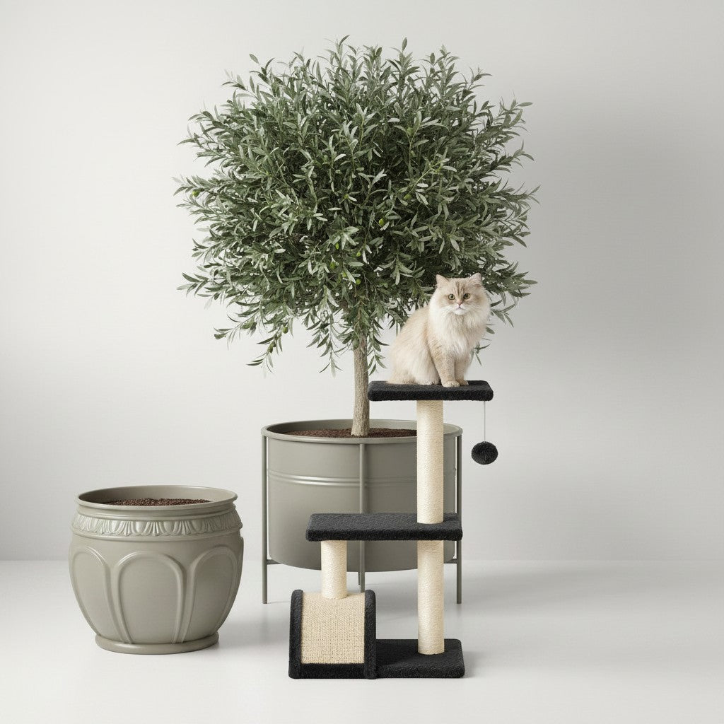 Petit arbre à chat Bofélin noir avec poteaux en sisal, plateformes et pompon, sur lequel est assis un chat.