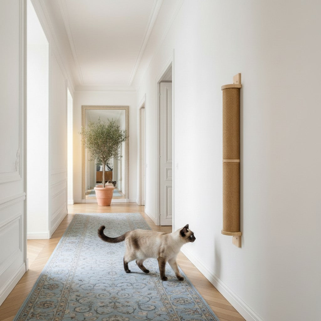 Poteau griffoir mural Bofélin en corde naturelle et pin clair fixé dans un couloir avec un chat siamois