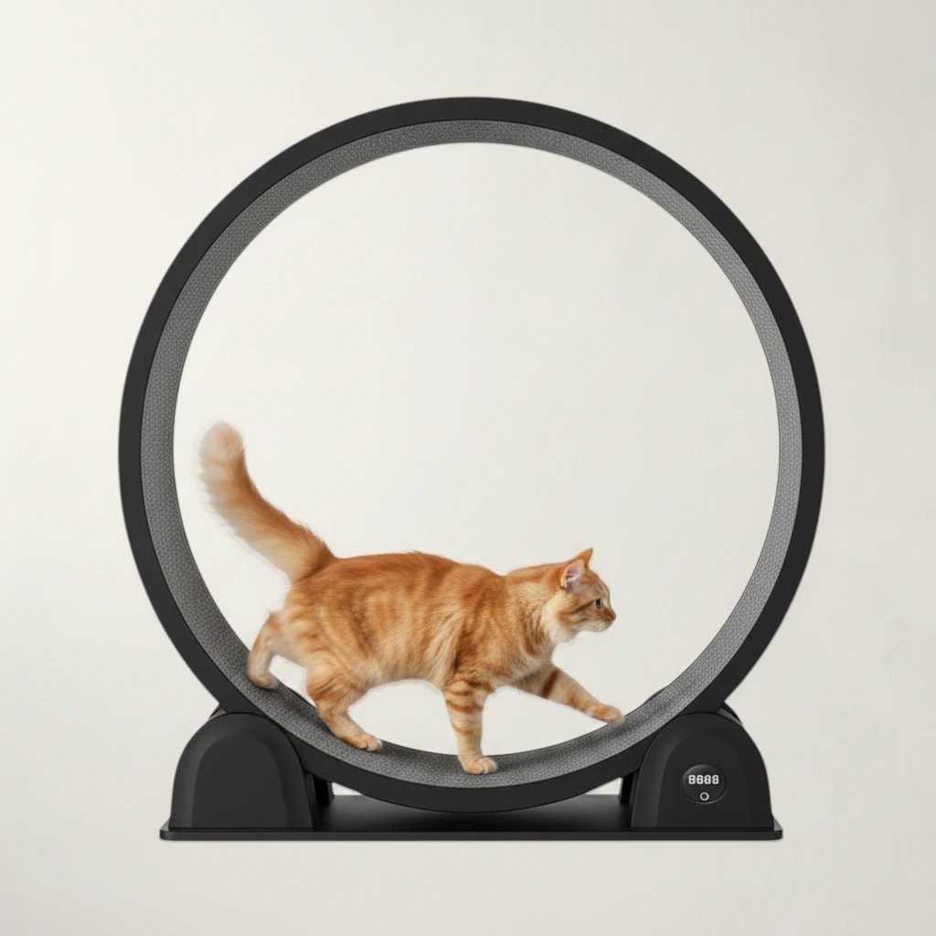 Roue d'exercice Bofélin noire avec tapis gris et podomètre, utilisée par un chat roux Image