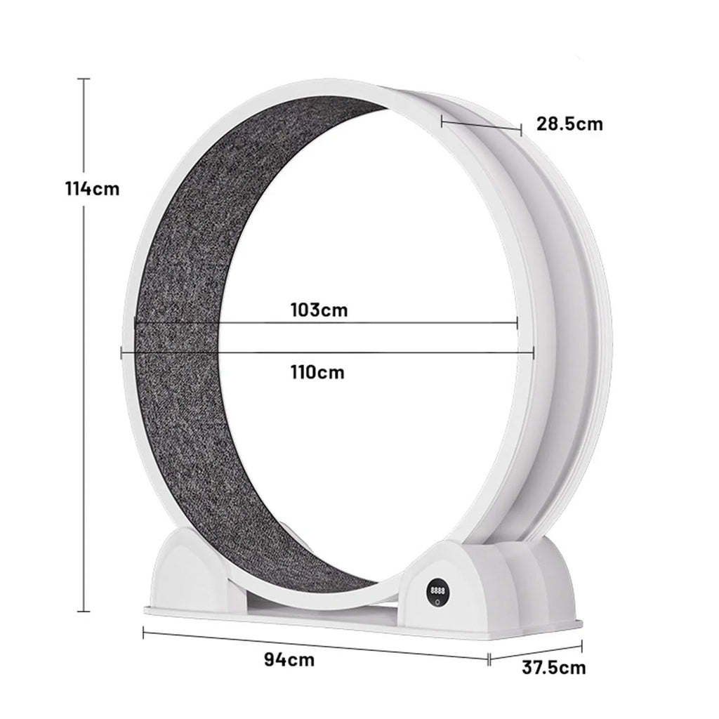 Roue d'exercice Bofélin pour chat avec tapis gris amovible, podomètre intégré et dimensions techniques détaillées.