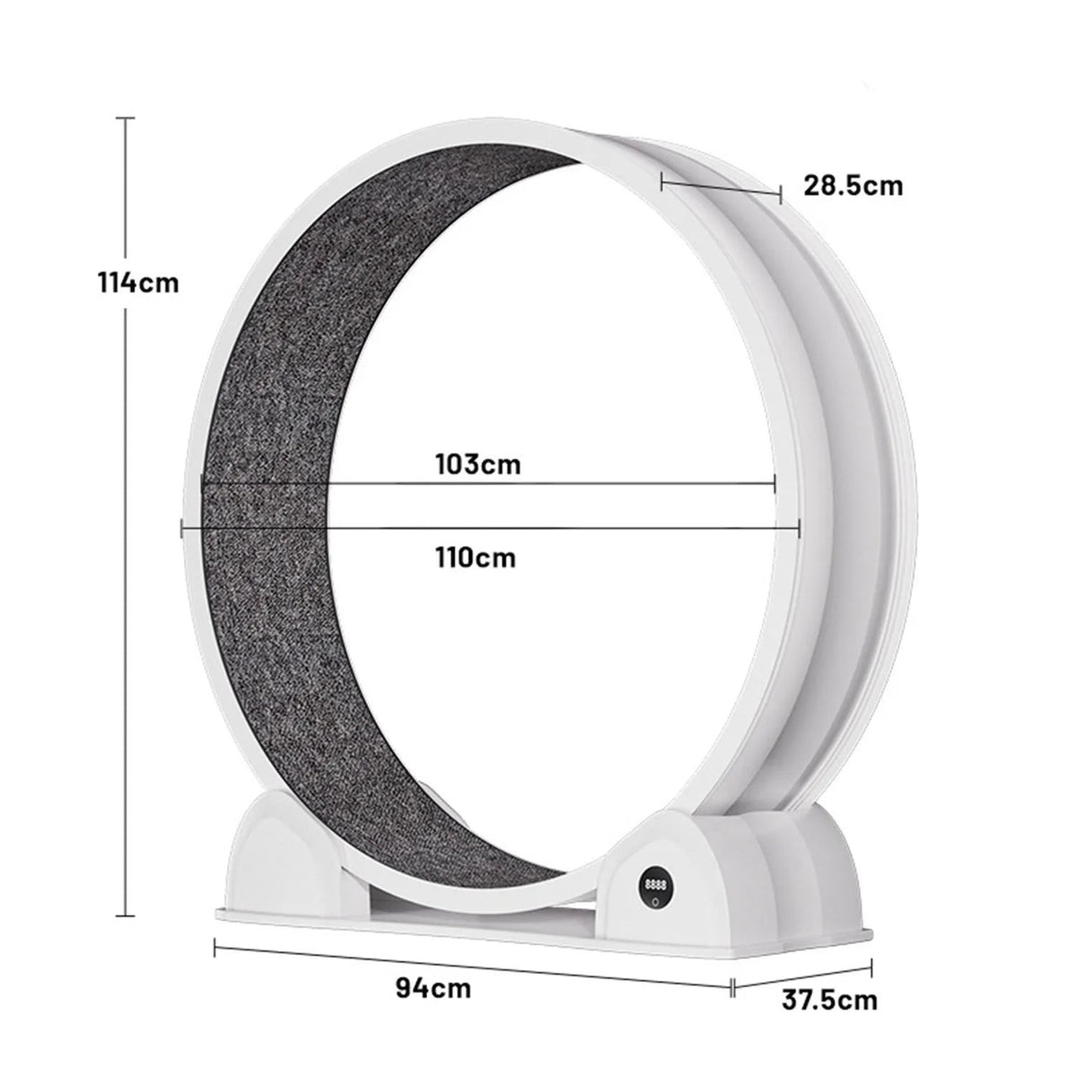 Roue d'exercice Bofélin pour chat avec tapis gris amovible, podomètre intégré et dimensions techniques détaillées.