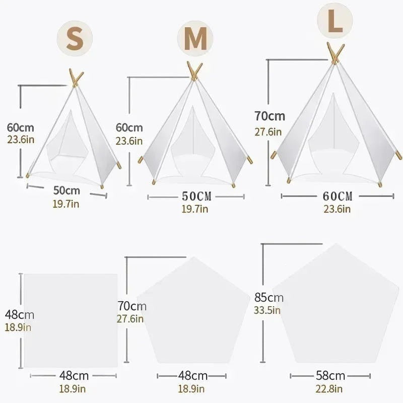 Schéma des dimensions des tipis pour chat Bofélin en tailles S, M et L avec détails des mesures en cm et pouces.