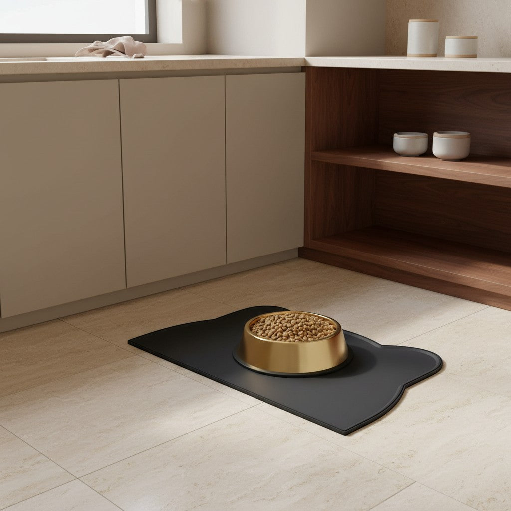 Tapis de gamelle Bofélin en silicone noir forme tête de chat avec gamelle dorée sur sol carrelé