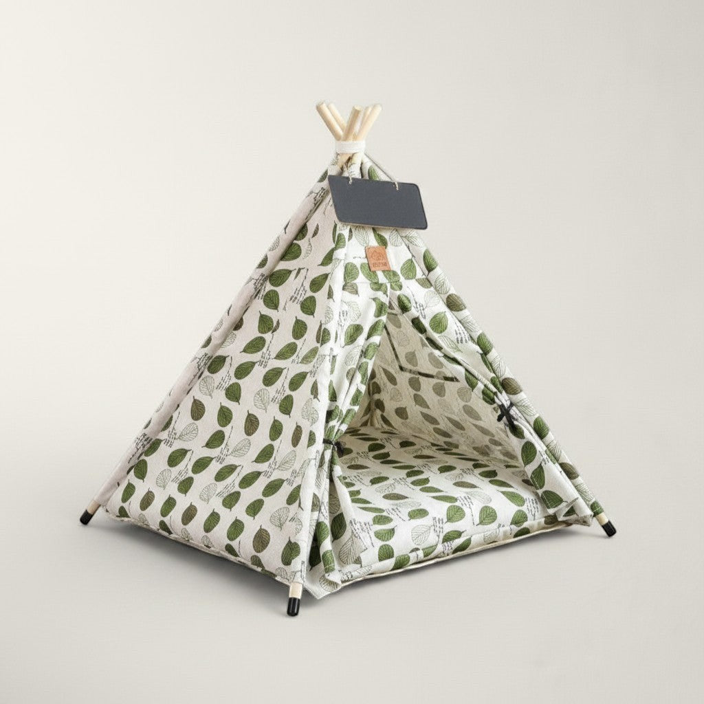 Tipi pour chat Bofélin en toile de coton blanche à motifs feuilles vertes avec structure en bois de pin et ardoise