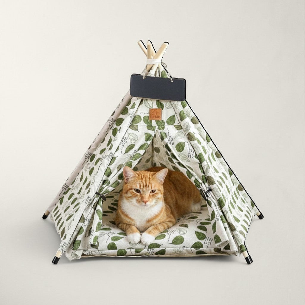 Tipi pour chat Bofélin en toile de coton à motifs feuilles vertes avec matelas confortable et ardoise décorative