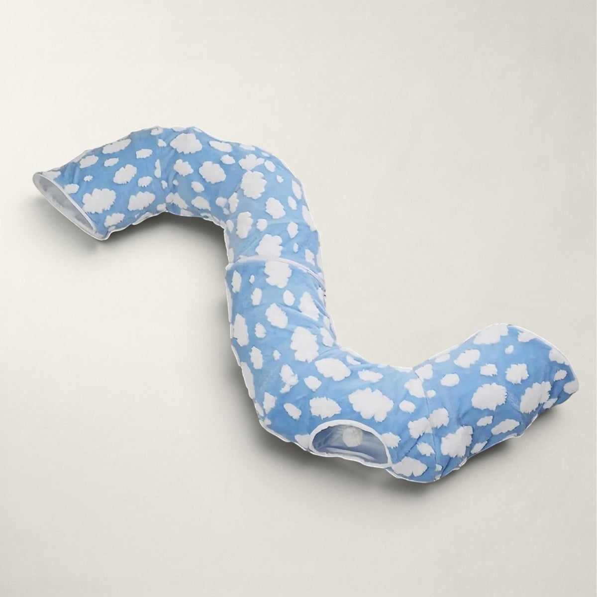 Tunnel de jeu Bofélin pour chat en velours bleu avec motif nuages blancs, pliable et confortable