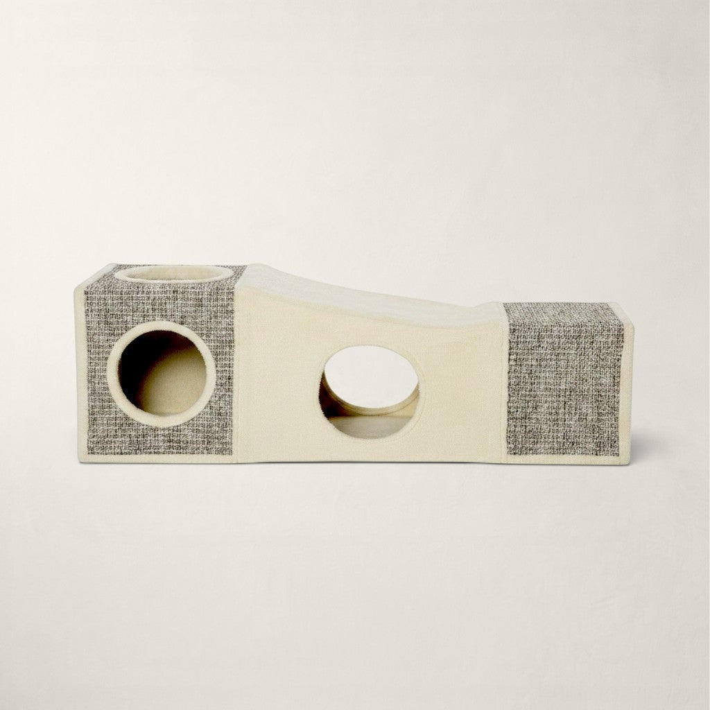 Tunnel pour chat Bofélin beige et gris avec griffoir en sisal et multiples entrées pour le jeu et le repos