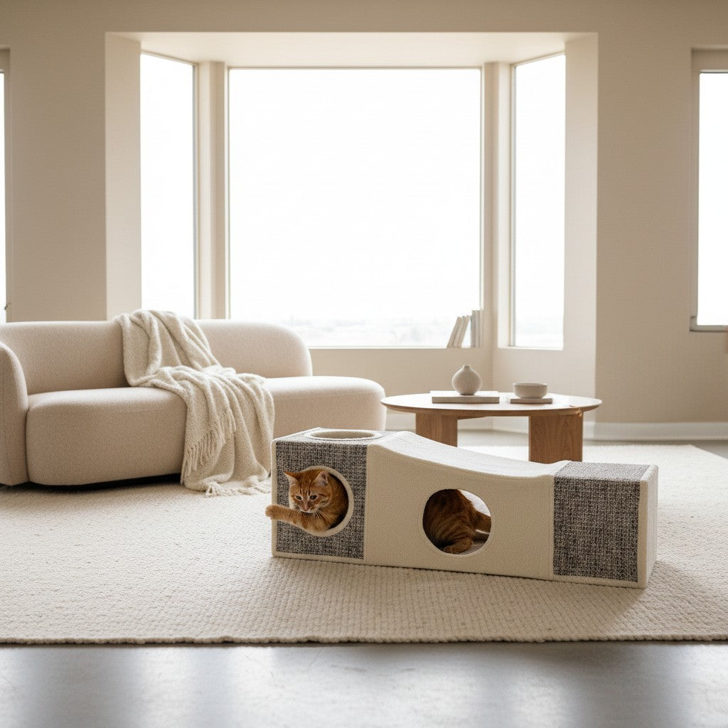 Tunnel pour chat Bofélin beige et gris avec griffoir en sisal, cachettes et balle suspendue dans un salon moderne