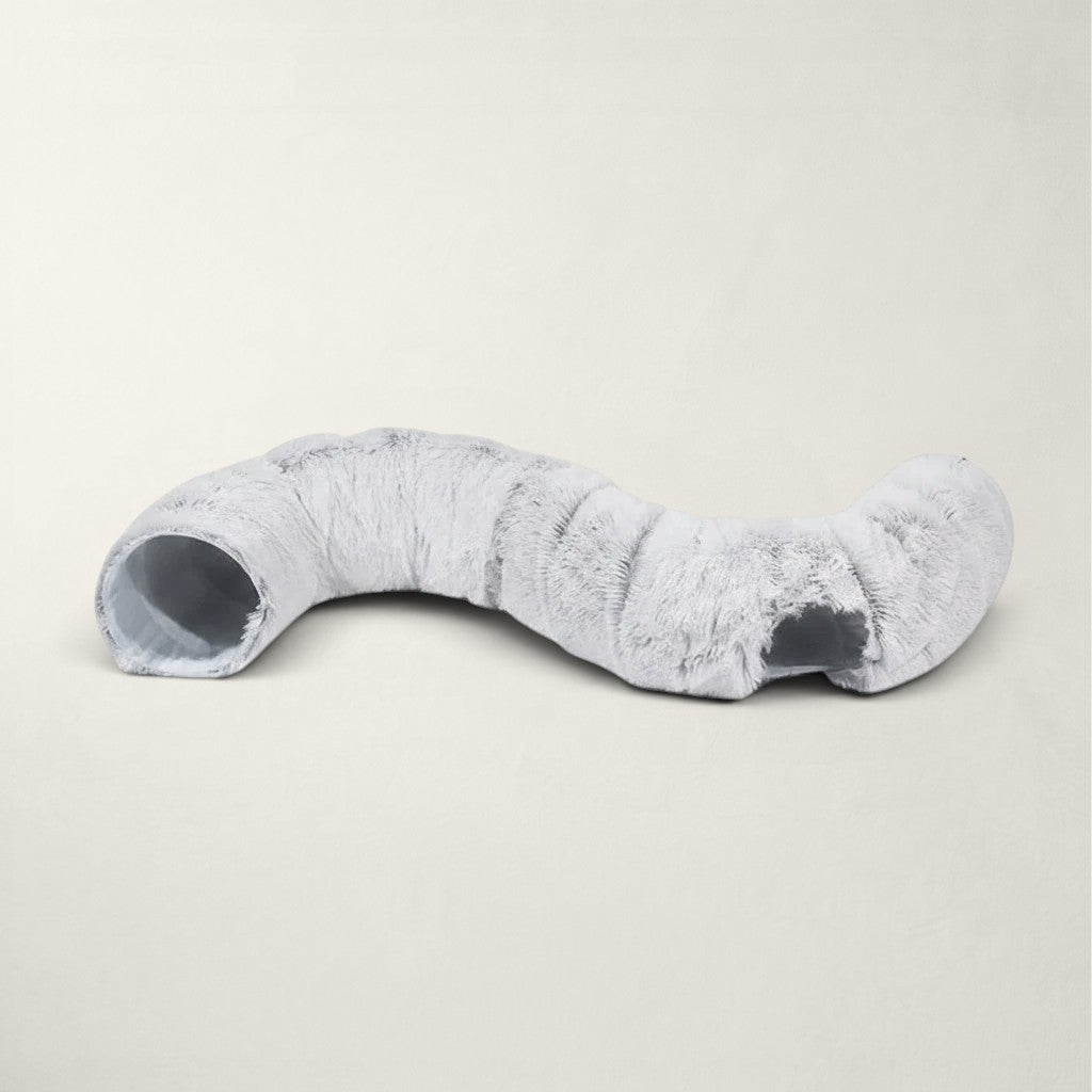 Tunnel pour chat Bofélin en fausse fourrure douce gris clair, pliable et confortable pour le repos et le jeu