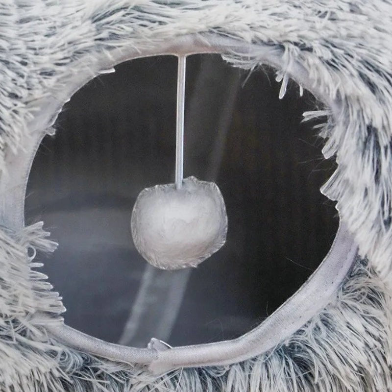Tunnel pour chat Bofélin XXL en fausse fourrure grise avec pompon suspendu pour le jeu