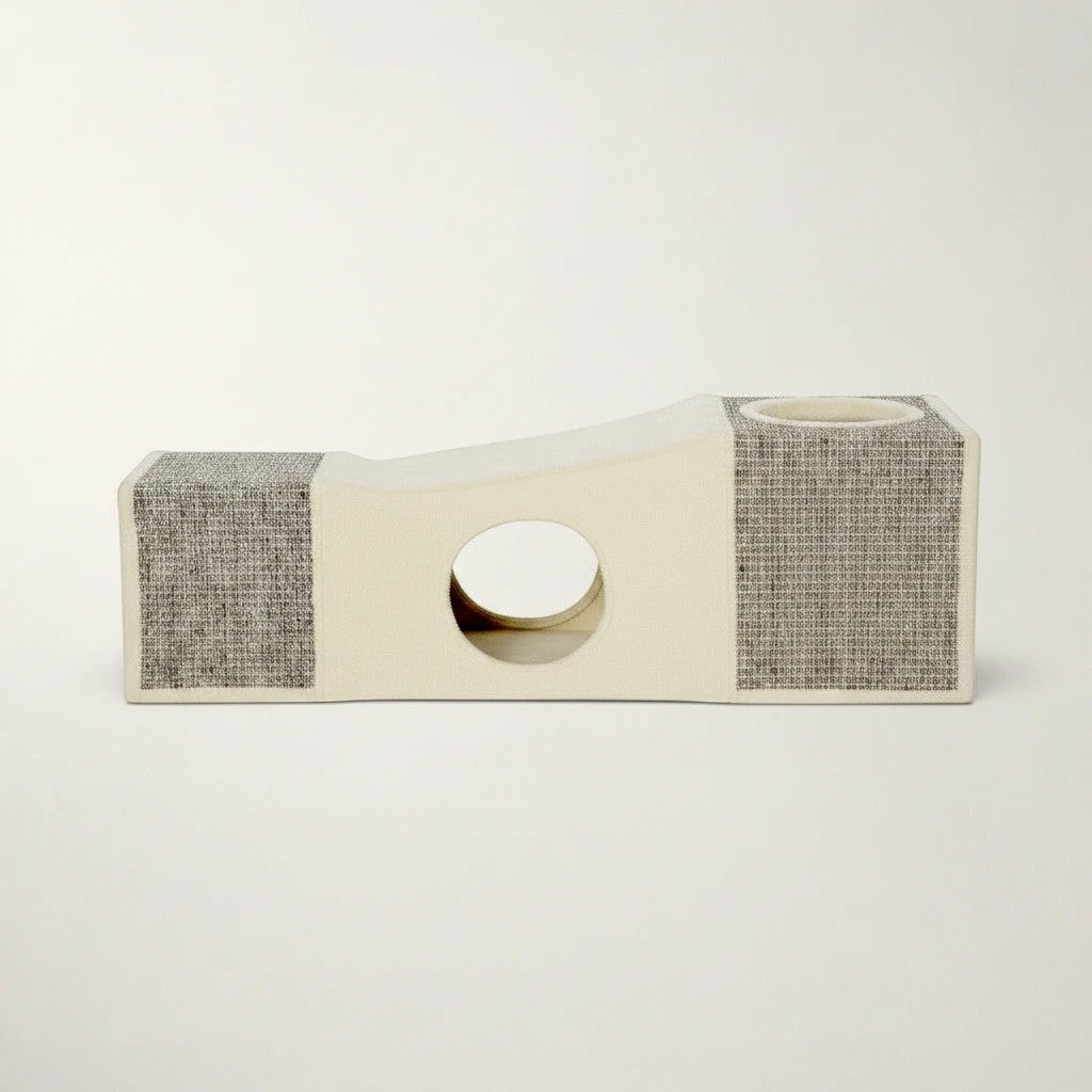 Tunnel de jeu Bofélin beige et gris avec griffoir en sisal et ouvertures pour chats