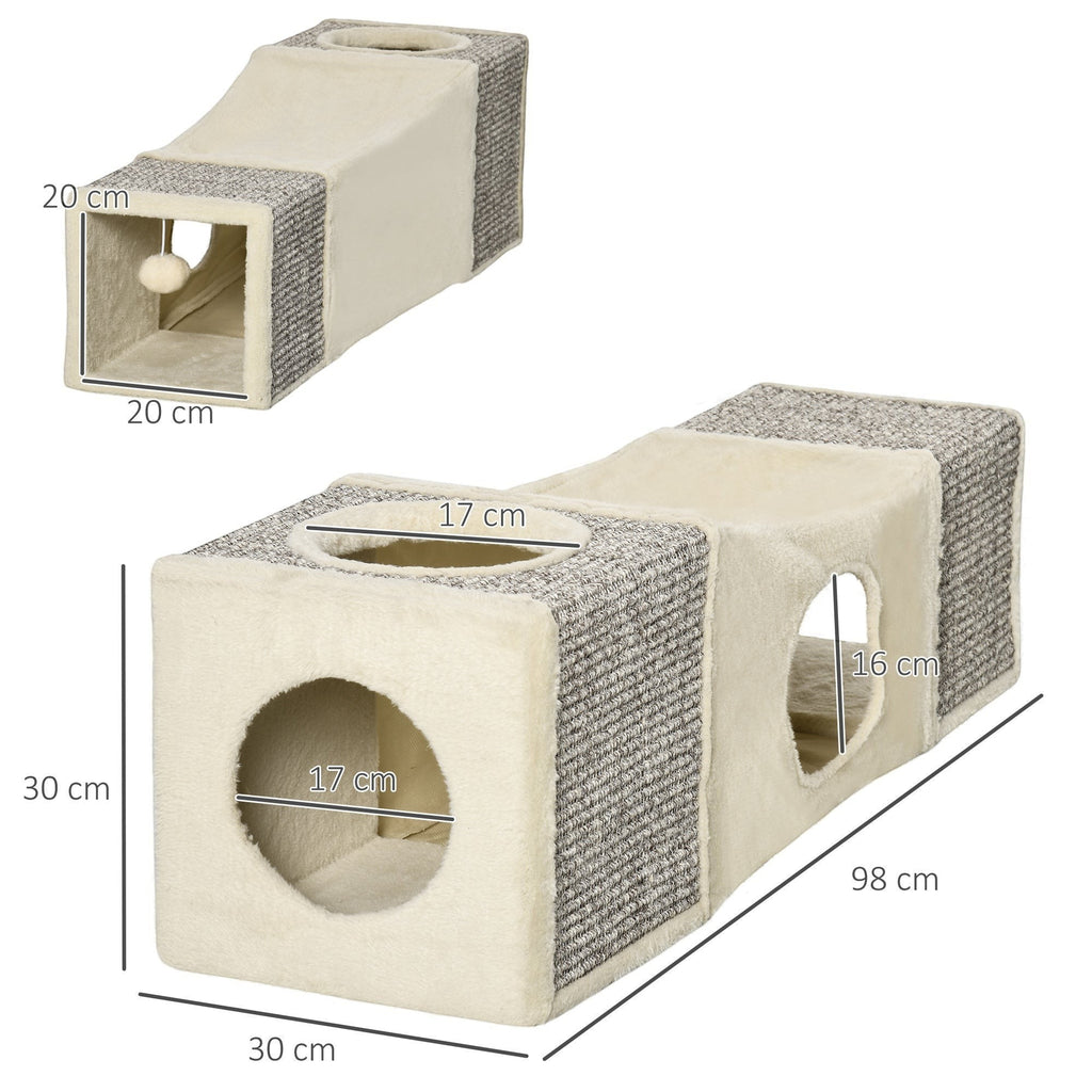 Tunnel pour chat Bofélin beige et sisal avec griffoir, cachettes et balle suspendue, dimensions 98x30x30 cm