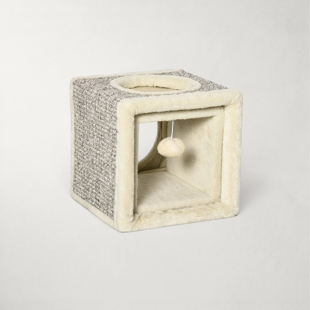 Tunnel pour chat Bofélin beige et gris avec griffoir en sisal, cachettes et balle suspendue pour le jeu.