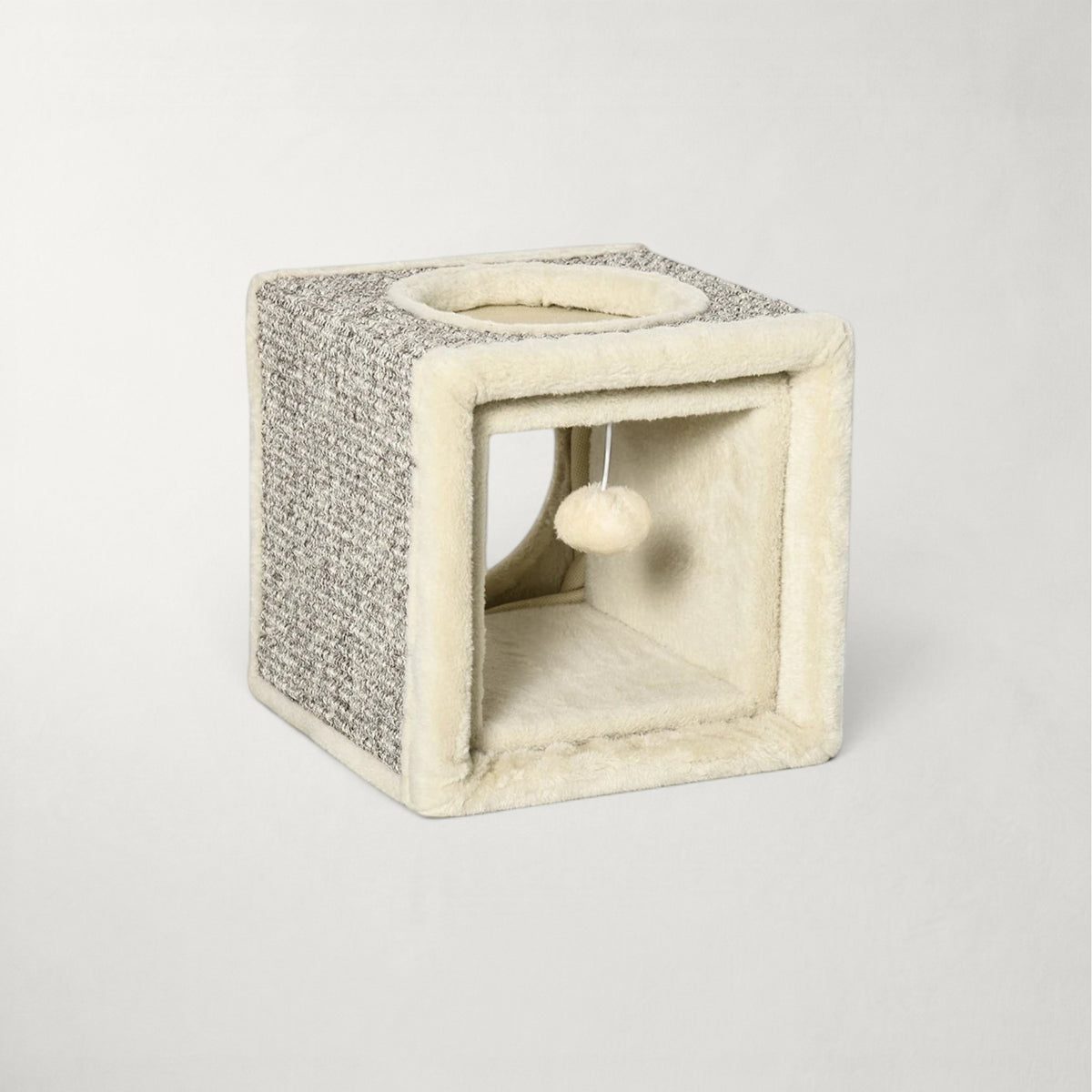 Tunnel pour chat Bofélin beige et gris avec griffoir en sisal, cachettes et balle suspendue pour le jeu.
