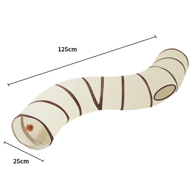 Tunnel de jeu Bofélin pour chat en polyester beige rayé, forme droite et pliable avec jouet suspendu