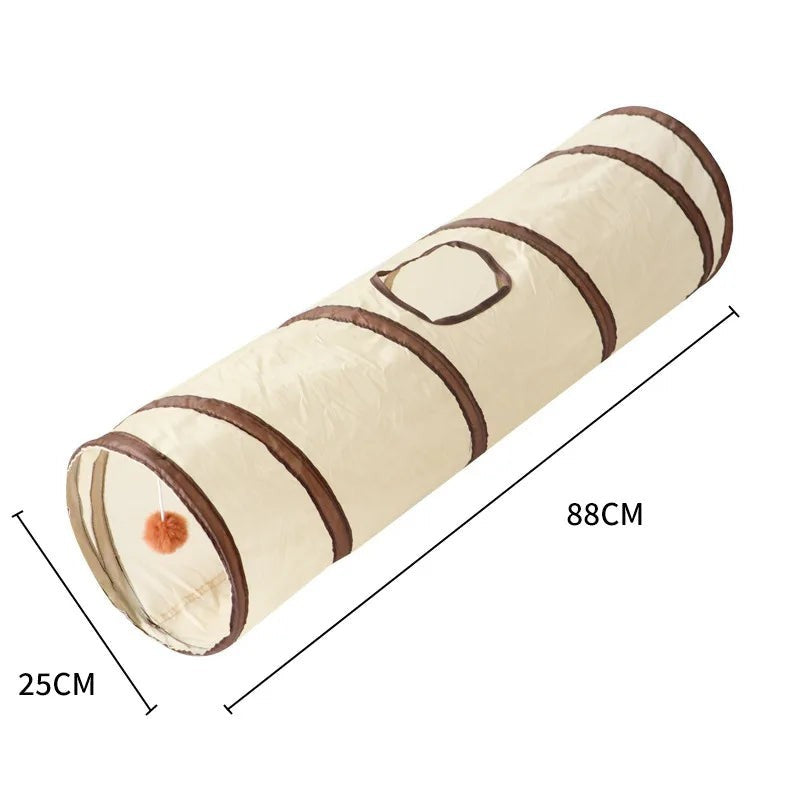 Tunnel de jeu droit Bofélin pour chat en polyester beige avec bordures marron et jouet suspendu