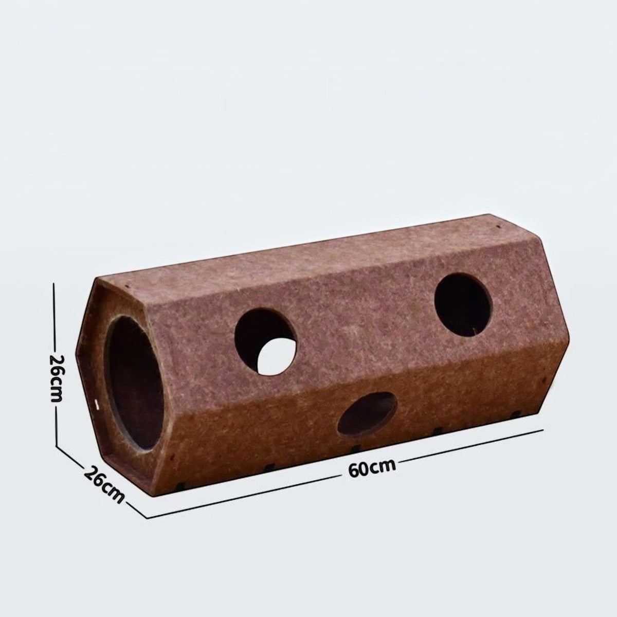 Tunnel de jeu Bofélin pour chat en feutre gris pliable avec ouvertures circulaires et dimensions indiquées