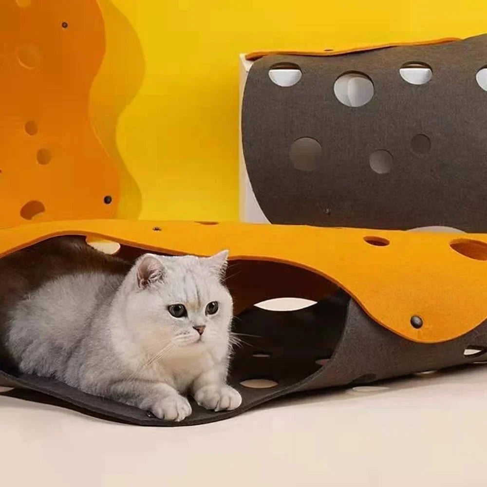 Tunnel de jeu modulable en feutre Bofélin gris et orange avec trous d'observation pour chat joueur
