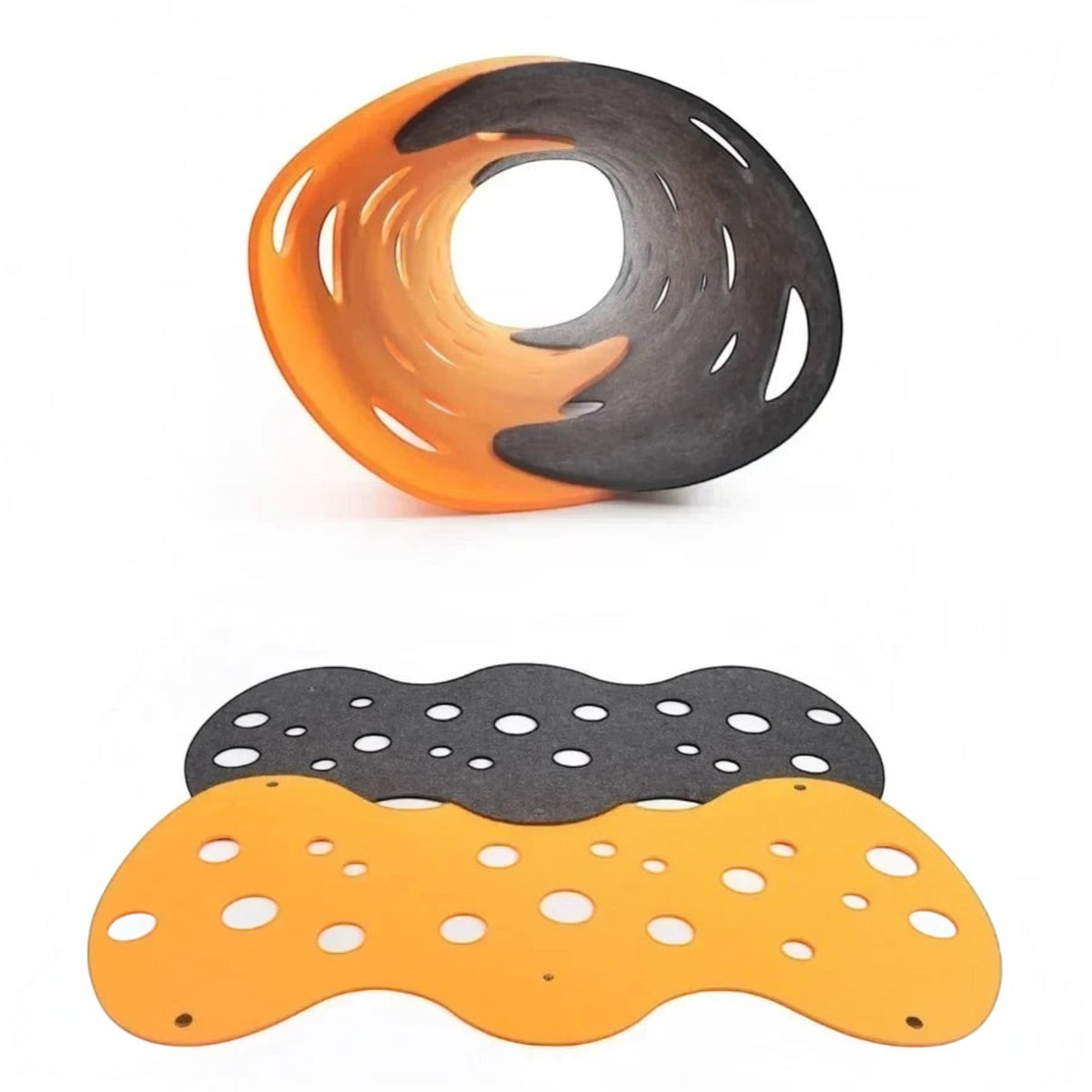 Tunnel de jeu modulable Bofélin en feutre orange et gris avec trous d'observation pour chat