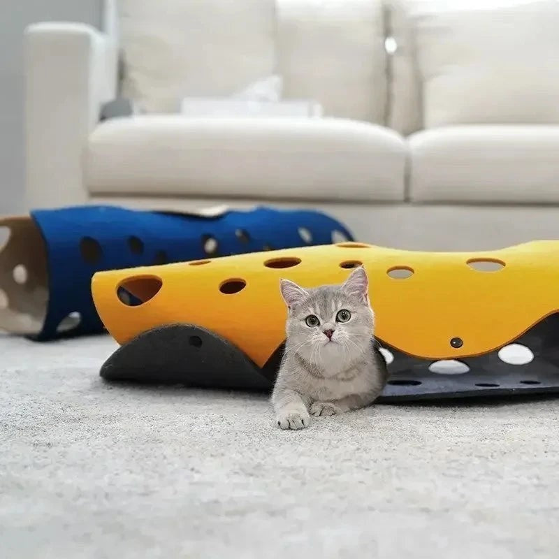 Tunnel de jeu modulable en feutre Bofélin jaune et bleu avec trous d'observation pour chat joueur