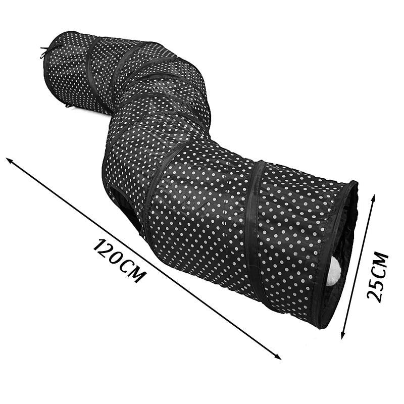 Tunnel de jeu pliable Bofélin pour chat en polyester noir à pois blancs avec balle suspendue