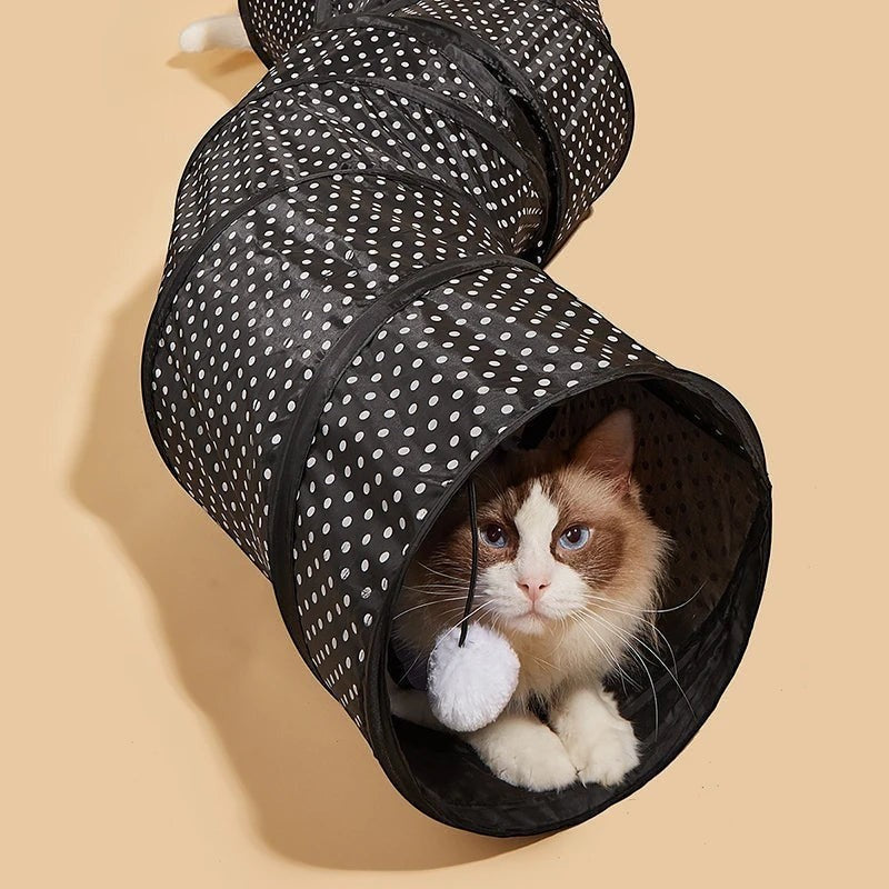 Tunnel de jeu Bofélin pour chat en polyester noir à pois blancs avec balle suspendue, forme pliable