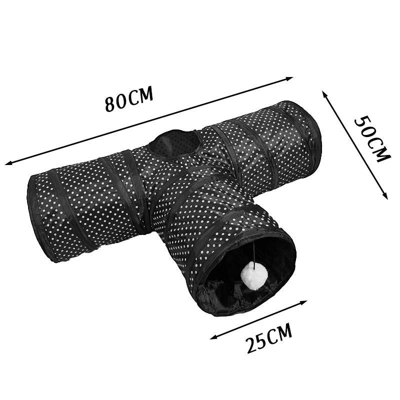 Tunnel de jeu Bofélin pour chat en forme de T, noir à pois blancs avec balle suspendue et structure pliable