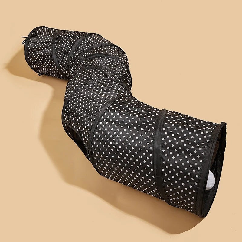 Tunnel de jeu Bofélin pour chat en polyester noir à pois blancs avec balle suspendue, forme pliable en S