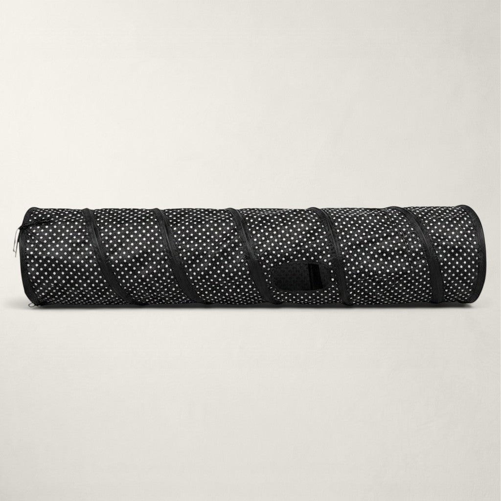 Tunnel de jeu pliable Bofélin pour chat en polyester noir à pois blancs avec ouverture latérale