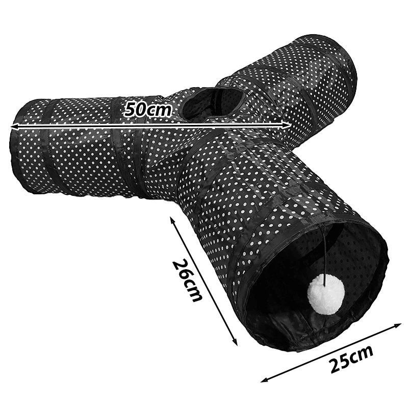 Tunnel de jeu Bofélin en forme de Y pour chat, en polyester noir à pois blancs avec balle suspendue intégrée