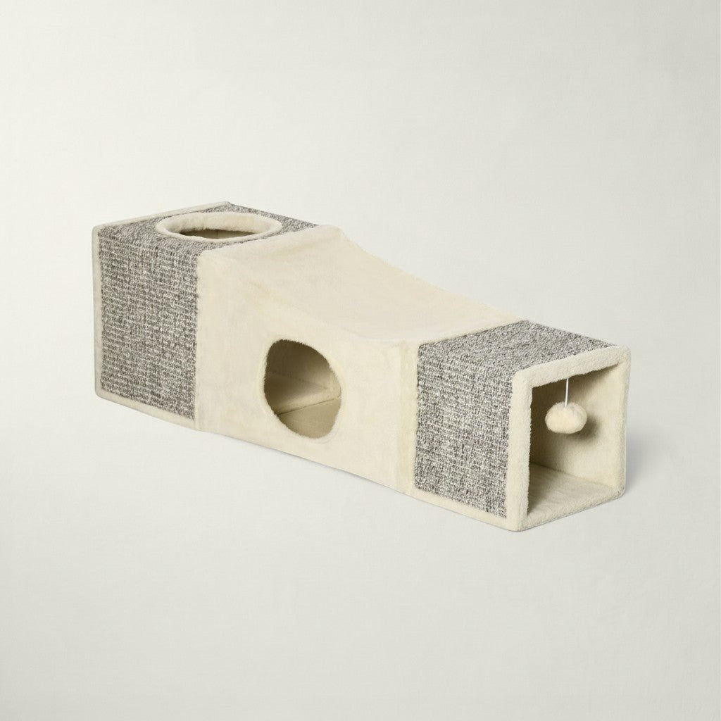 Tunnel de jeu Bofélin beige et gris avec griffoir en sisal, cachettes et balle suspendue pour chat