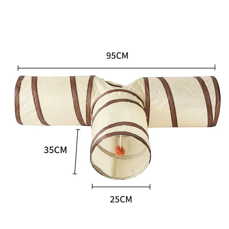 Tunnel de jeu en T pour chat Bofélin en polyester beige bruissant avec balle suspendue pour chatons joueurs