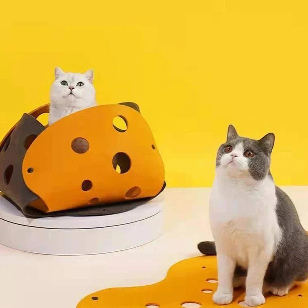 Tunnel de jeu modulable en feutre Bofélin jaune et gris avec trous d'observation pour chats Image