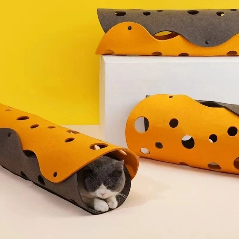 Tunnel de jeu modulable en feutre Bofélin jaune et gris avec trous d'observation pour chat