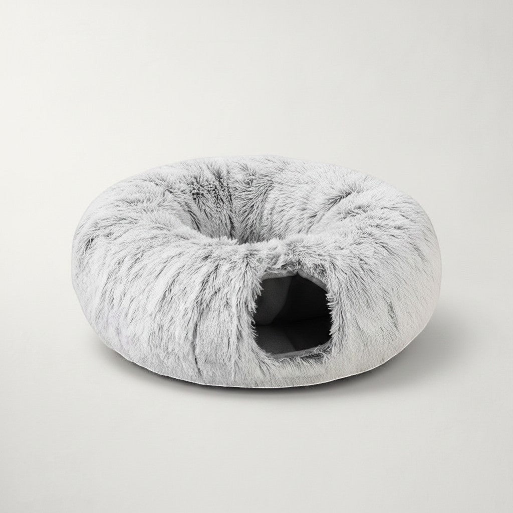 Tunnel et panier Bofélin 2 en 1 pour chat en fausse fourrure douce gris clair, forme donut pliable