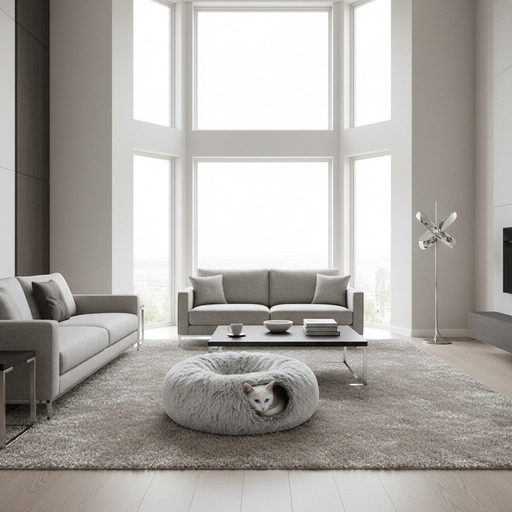 Tunnel pour chats Bofélin 2 en 1 en fausse fourrure grise, forme donut avec couchage central moelleux dans un salon