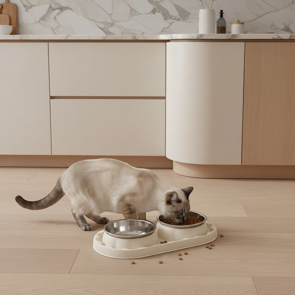 Chat siamois mangeant dans une double gamelle Bofélin blanc crème à deux bols en inox