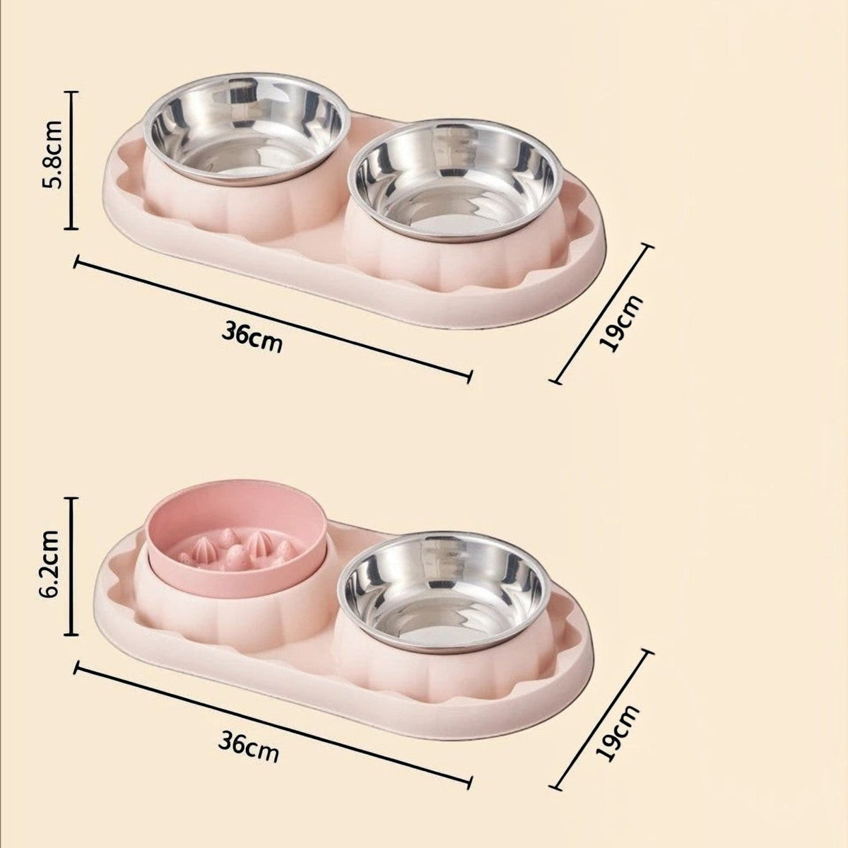 Double gamelle Bofélin rose clair avec deux bols en inox lisses sur plateau ovale