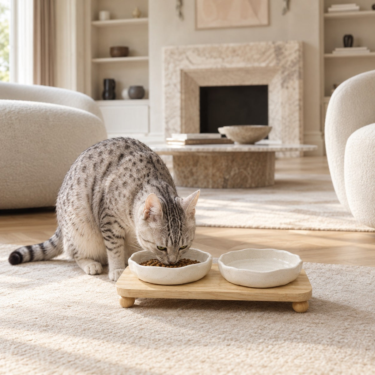 Double gamelle chat sur plateau bambou Uzes Bofélin 8 Image