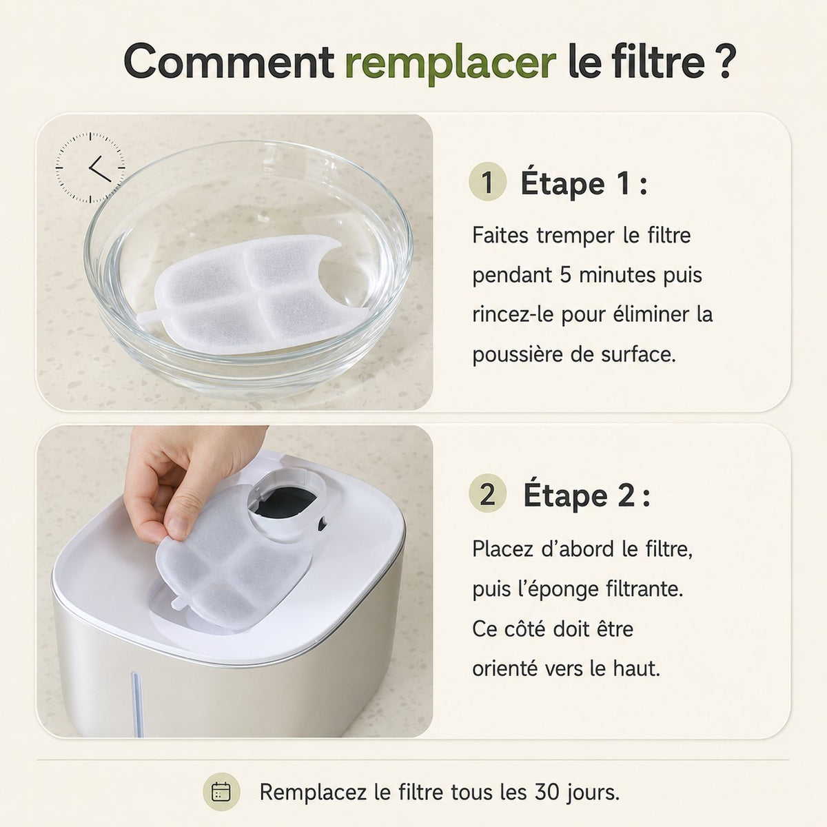 Les deux étapes de remplacement du filtre PURÉO : trempage de 5 minutes puis pose avec l'éponge filtrante