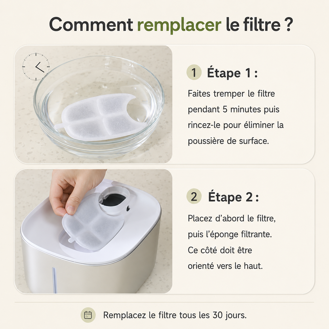 Les deux étapes de remplacement du filtre PURÉO : trempage de 5 minutes puis pose avec l'éponge filtrante Image