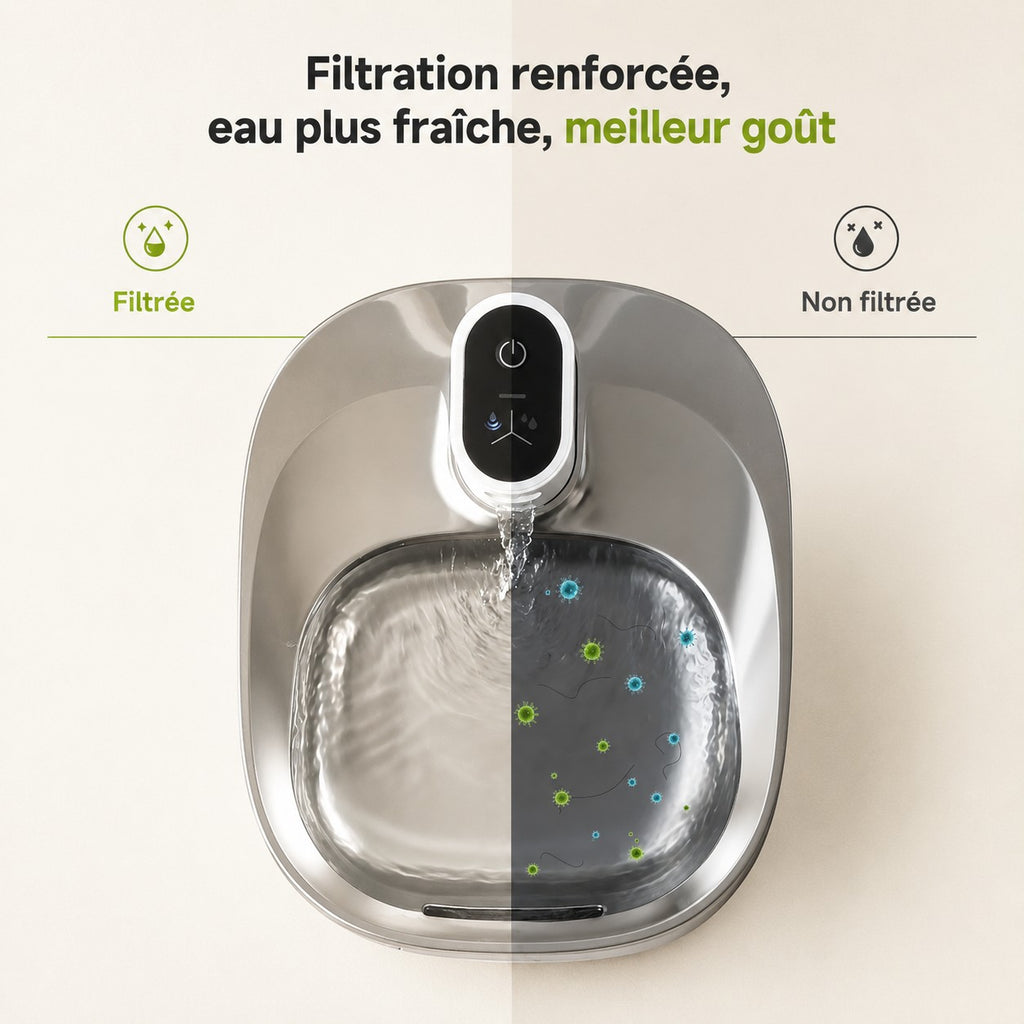 Comparaison entre une eau filtrée et une eau non filtrée dans une fontaine à eau pour chat