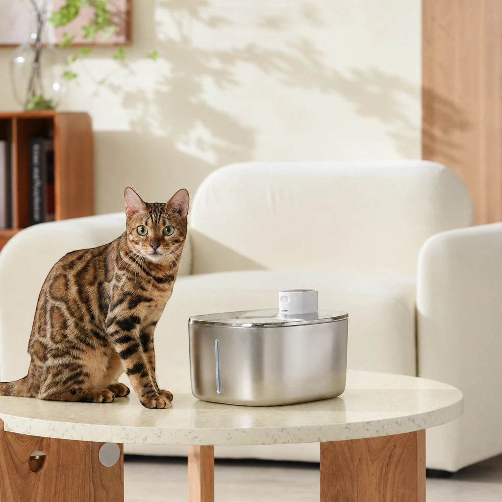 Fontaine à eau chat inox sans fil Bolzano Bofélin en situation