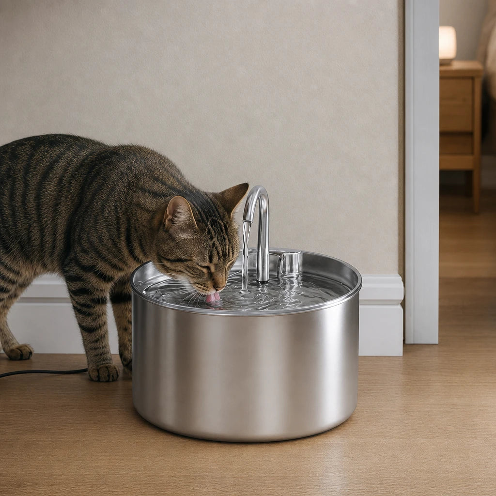 Fontaine à eau pour chat cascade en inox 2L Vicence Bofélin en situation