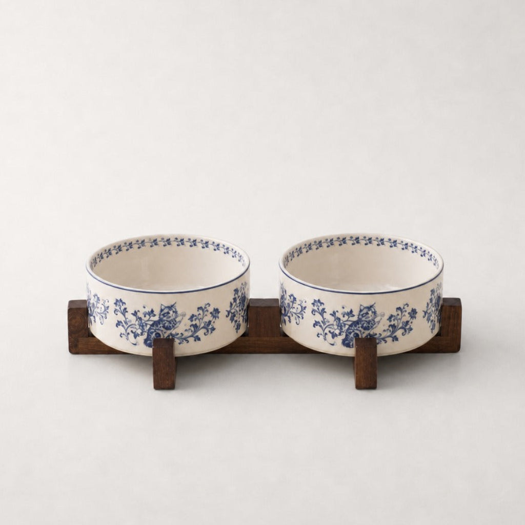Gamelle chat en céramique motif bleu Limoges Bofélin, support double