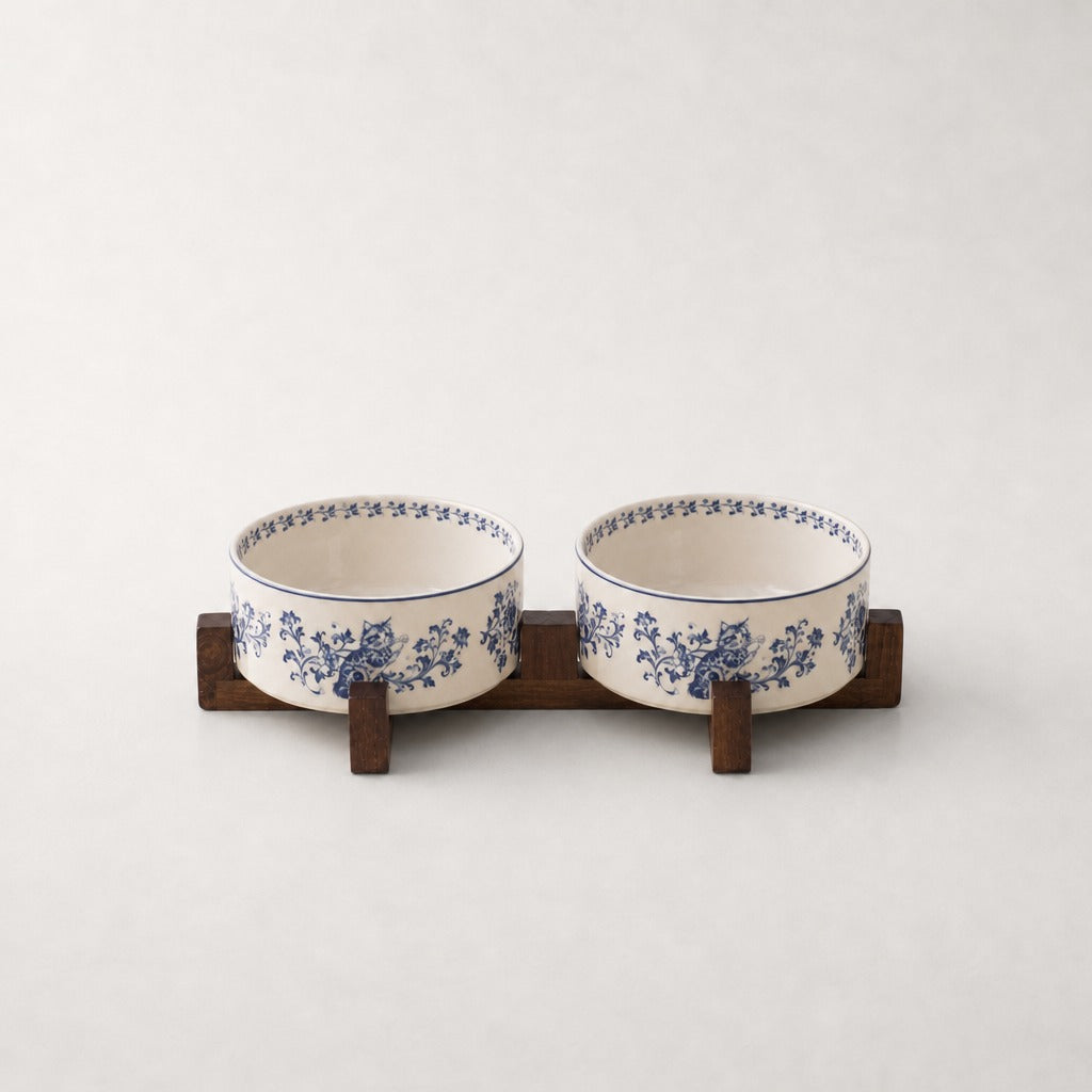 Gamelle chat en céramique motif bleu Limoges Bofélin, support double