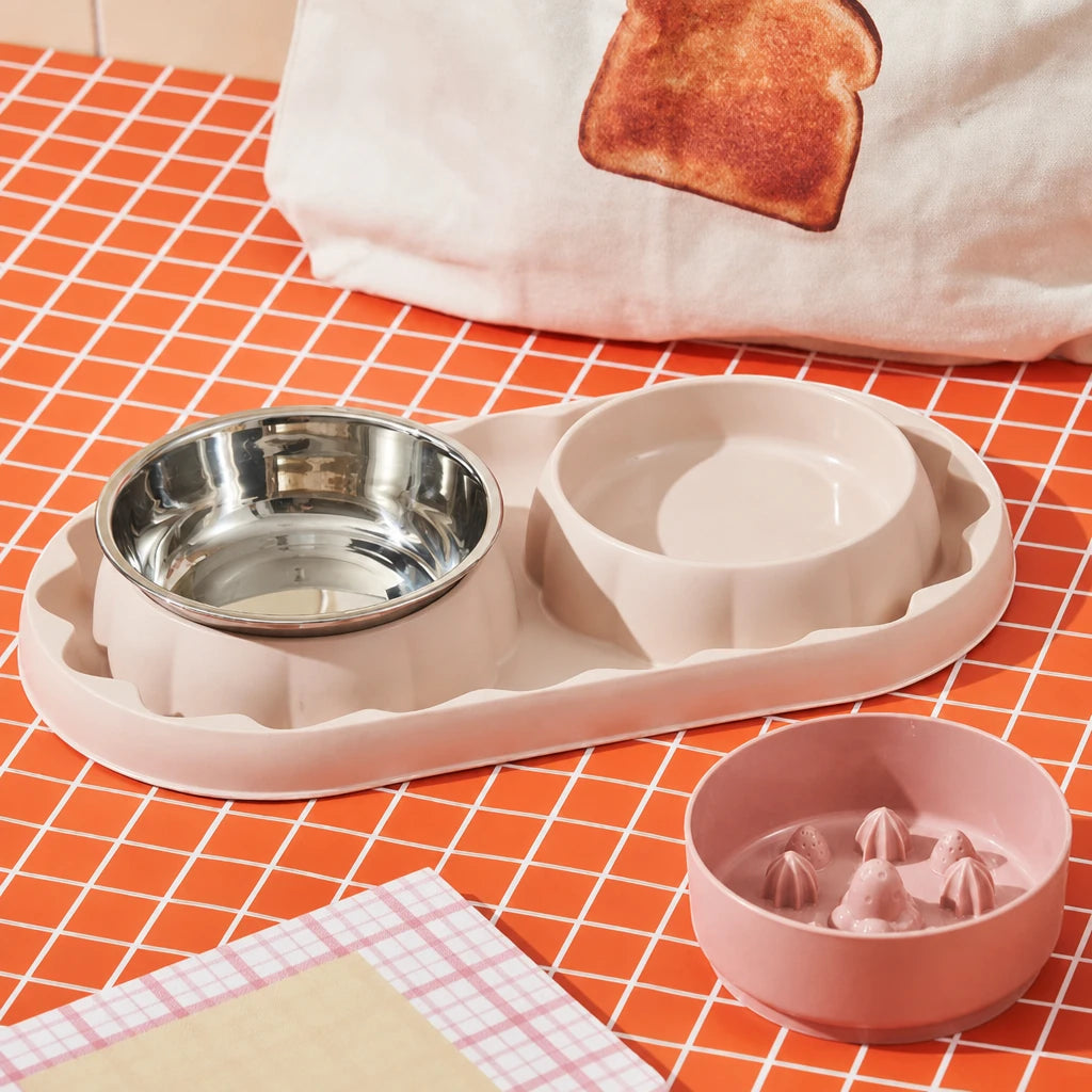 Double gamelle anti-glouton Galway Bofélin rose avec bol en inox et bol à reliefs