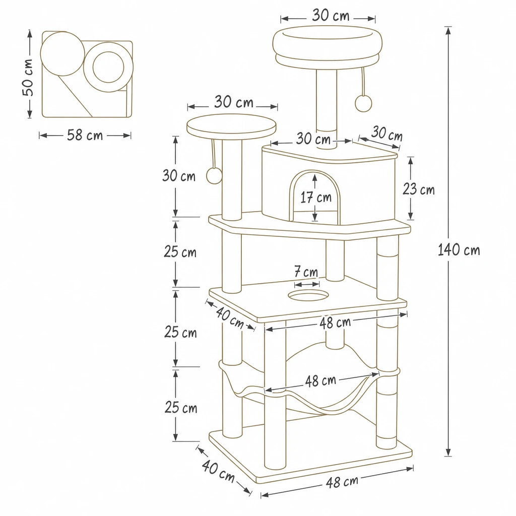 Dimensions de grand arbre à chat avec grand hamac Felix Bofélin, schéma coté