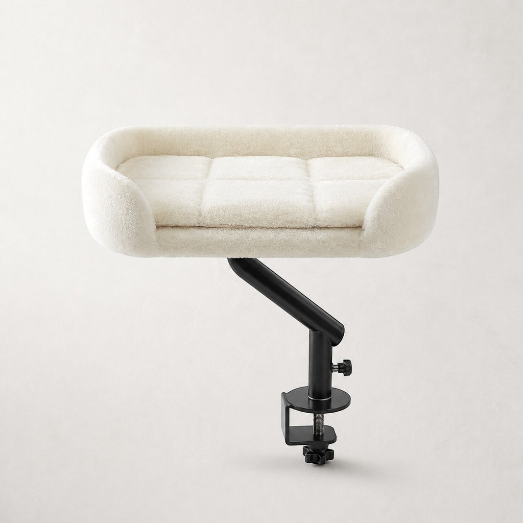 Hamac de bureau pivotant Oxford beige en fausse fourrure avec bras articulé noir pour chat – Bofélin